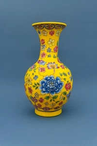 Chinese Yellow Cloisonné Style Vase 14.5cm – Oriental Floral Ceramic –Decor - Picture 1 of 7