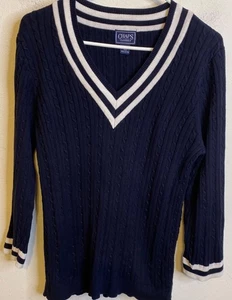 Suéter Chaps Mujer Azul Marino Tejido con Cable Cuello en V Algodón Barco Náutico Cricket XL - Imagen 1 de 3