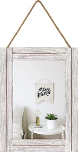 16 X 12 Inch Rustic Wood Framed Wall Mirror with Hanging Rope for Farmhouse Deco - Picture 1 of 12