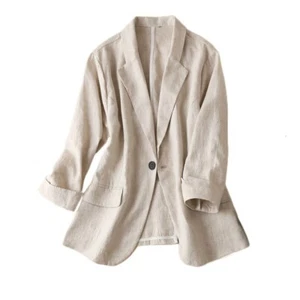 Giacca Tuta Donna Lino Semplice Miscela Lino Blazer Manica 3/4 Top Casual Daily Chic - Foto 1 di 16