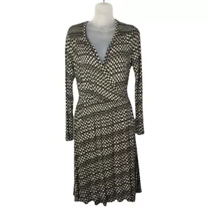 Plenty by Tracy Reese Tan & Black Printed Faux Wrap Long Sleeve Dress S - Picture 1 of 8
