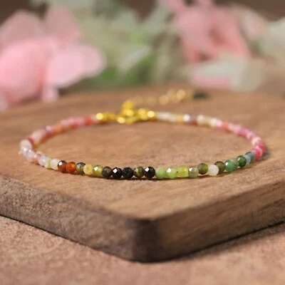 Natural Tiny Watermelon Tourmaline Crystal Minimalist Dainty Gold Chain Bracelet - Image 1 of 4