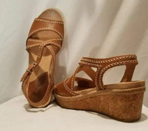 NURTURE LILITHE LEATHER CORK WEDGE PLATFORM SANDALS BROWN AND TAN SZ 7 MED #2362 - Picture 1 of 12
