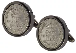 1940 Silver Sixpence Coins Set in Gun Metal Mens 78 Years Gift CUFFLINKS DIRECT - Picture 1 of 7