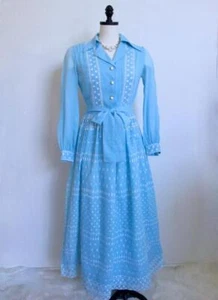 Vintage 70s Rona New York Embroidered Cotton Voile Maxi Dress XS Blue Wht Sash - Picture 1 of 17