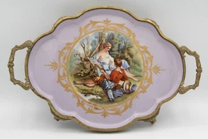Antique French Hand Painted Tole Tray Green Gold Rococo Handles Courting Scene - Picture 1 of 11