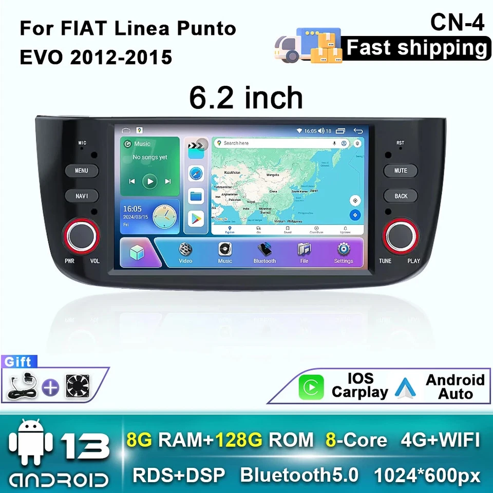 For Fiat Linea Punto EVO 2012-2016 Stereo Screen CarPlay Car Radio GPS Player - Image 1 of 4
