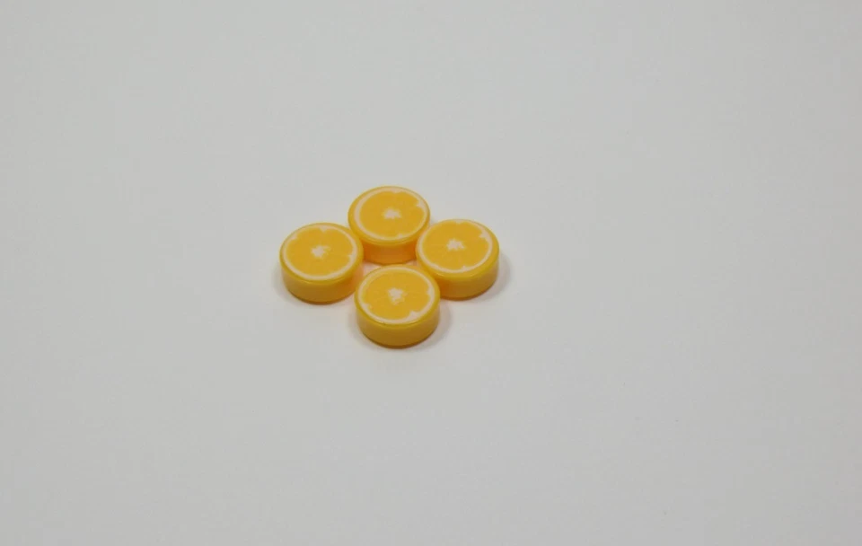 乐高 4 件装亮黄色橙色 1x1 圆形橙色切片水果食品迷你公仔 L9 — 第 1/1 张图片