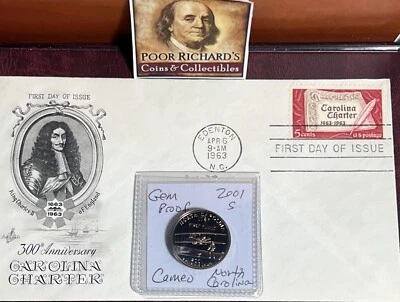 North Carolina Coin & Cover Set 2001S Pr  State Qtr & 1963 Carolina FDC FD142 - Image 1 of 4