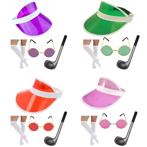Neon Sun Visor Hat Inflatable Golf Club Socks Gold Glasses Poker Fancy Dress Kit - Picture 1 of 21