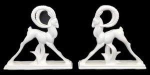 2 Fitz Floyd Art Deco Candle Holder Gazelle Ram Ibex Antelope White Ceramic - Picture 1 of 13