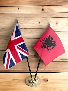 UNION JACK and ALBANIA TABLE FLAG SET 2 flags plus BASE 26cm tall - Picture 1 of 1