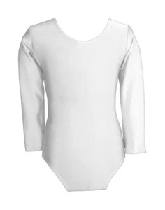 Girls White Leotard Long Sleeve Kids Bodysuit School Swimming Dance Sports - Picture 1 of 1
