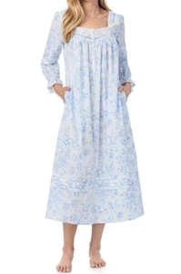 NWT Eileen West WHITE/BLUE FLORAL 100% Cotton Lawn Nightgown Women's L POCKETS - Picture 1 of 6