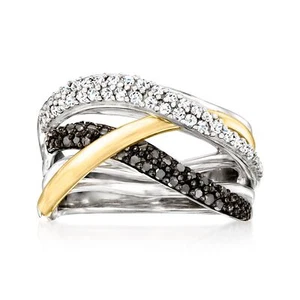 Ross-Simons Blck & White Diamond Hghwy Rng in Silver & 14k Gold - Picture 1 of 6