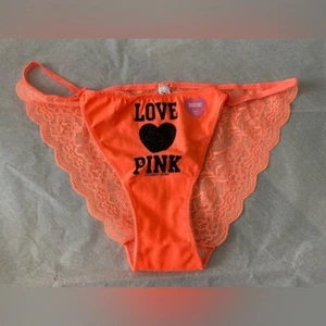 Victoria's Secret Pink Y2K Orange Black Glitter Heart Lace Back String Bikini L - Picture 1 of 5