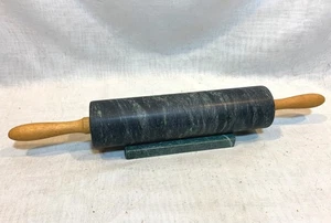 Marble Rolling Pin Gray Green Matching Cradle Stand 10 Inch Barrel Wood Handles - Picture 1 of 4