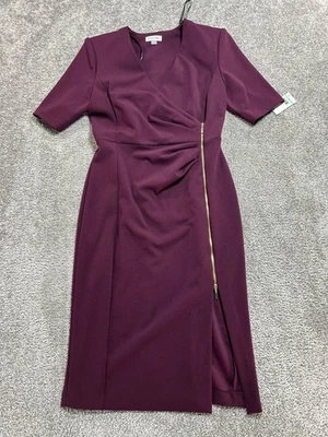 Calvin Klein Surplice Side Zip Sheath Dress Womens 8 Purple Stretch Elbow Sleeve - Image 1 of 4