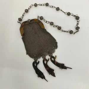 Vintage Sterling Mesh Lucite Purse 3 Hanging Tortoise Tone Lucite Fish Charms - Picture 1 of 9