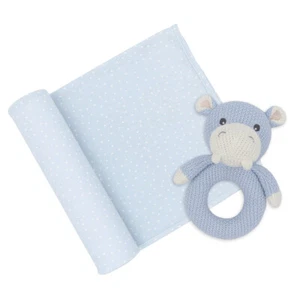 Living Textiles Blue Dots/Hippo Newborn/Infant Cotton Jersey Swaddle & Rattle - Picture 1 of 3