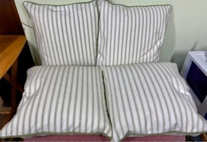 LL Bean Square Goose Feather Throw Pillows Ivory & Green Striped 17 X 17" - Read - Picture 1 of 24