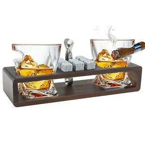 Whiskey Cigar Glasses Gift Set - Chilling Stones and accessories on Wooden Tray 