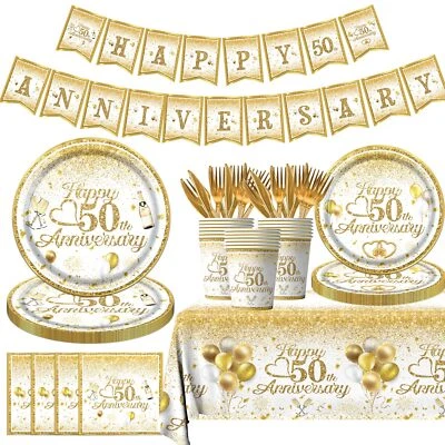 50th Anniversary Decorations - Happy 50th Tableware Set with White and Gold G... - Image 1 of 4