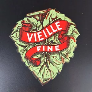 Etichetta Vintage Originale VIELLE Vino Fine Foglia Uva Striscione Rosso 5-1/4" x 5-1/2" - Foto 1 di 3