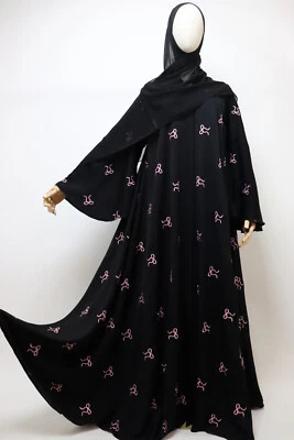 Dubai Abaya Open Umbrella Flare Muslim Women Dress Pink Bow Embroidery Black - Image 1 of 4