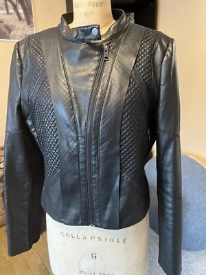 BCBG Maxazria Leather Jacket Womens Sz L Moto Annabelle Black Quilt Details - Image 1 of 4
