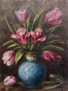 Antique Original Painting Tulip Bouquet Still Life, Floral, Flowers signed - Picture 1 of 8