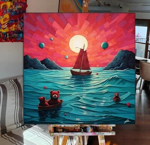 QUADRO MODERNO ASTRATTO " RED BOAT" DIPINTO ABSTRACT PAINTING - Foto 1 di 3