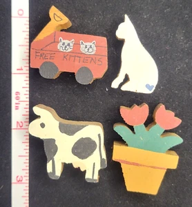 Lot of 4 small wood Free Kittens in wagon Cat Cow Flower pot wooden 1 1/2 inch - Picture 1 of 6