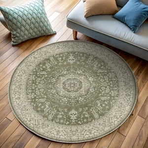 Round Olive Oushak Rug, Circle Khaki Turkish Rug, Army Green White, Oriental - Picture 1 of 4