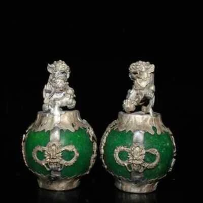 Par de estatua de león guardián animal Foo Fu piedra verde incrustación de paktong de China de 2,8" Foto 1 de 4