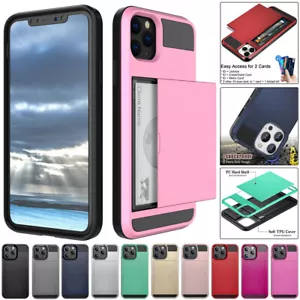 For iPhone 11 12 13 14 15 Slide Card Holder Case Hybrid Shockproof Wallet Cover - Picture 1 of 22