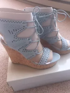 Marc Fisher Blue Perforated Suede Leather Lace Up Hosana Wedge Sandal 9 New - Picture 1 of 5