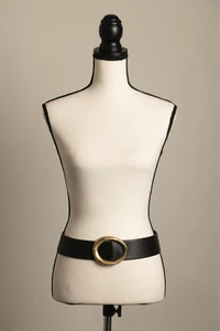 Vintage 1980er schwarzer Ledergürtel goldene Schnalle Karen Palmer für Holt Renfrew klein - Bild 1 von 6