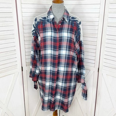 Zara Shirt Dress Women Large Blue Red Plaid Flannel Embroidered Lace Shoulder - Image 1 of 4