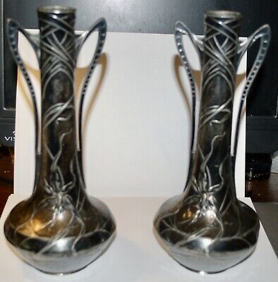 Pair Vintage Exquisite Art Nouveau Silver-plated Pewter Vases- Verit NBW • 220.45$