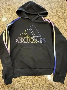 Adidas Girls 16 XL Hoodies Black Rainbow Logo Sweatshirt Long Sleeve Pullover - Picture 1 of 7