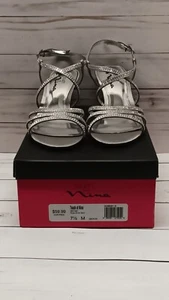 Touch of Nina Rhinestone 2 1/2" Heels Silver Size 7.5 with Strap/ Buckle Closure - Picture 1 of 8