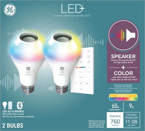 LED Multicolor Speaker LED Light Bulbs w/Bluetooth Speaker A21 Bulbs 9W 2-Pack - Picture 1 of 11