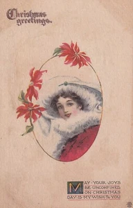 Christmas Greetings Vintage 1913 Postcard Smiling Young Pretty Woman Holidays - Picture 1 of 2
