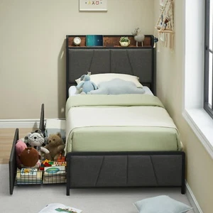 Twin Size Bed Frame with 2 Storage Drawers Upholstered Headboard Metal Platform - Picture 1 of 8