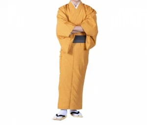 Japanese Traditional Men's Unlined Pongee Kimono Striped Orange Japan Tracking - Picture 1 of 7