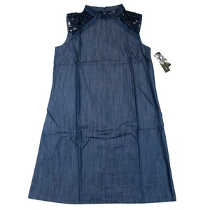 Women's AB Studio Chambray Lace Shift Dress (0377R6D) Chambray Blue - Size 10 - Picture 1 of 6
