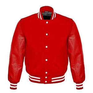 Giacca Bomber Letterman College Baseball Varsity Lana Rossa Rossa Rossa Vera Pelle Braccia - Foto 1 di 5