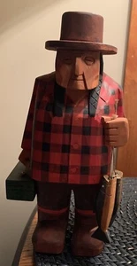 Large Wooden Carved Native American Indigenous Man Buffalo Check Jacket Fish - Picture 1 of 12