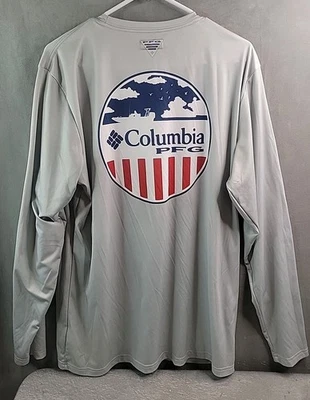 Camiseta masculina manga longa Columbia PFG bandeira americana pesca cinza tamanho G, excelente estado usado - Imagem 1 de 4
